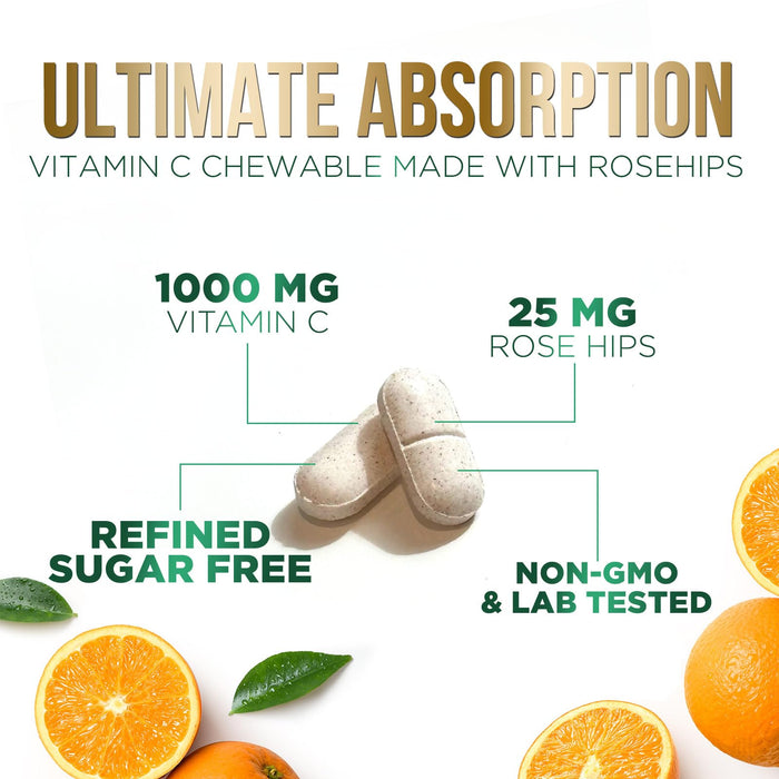 Vitamin C Chewable 1000mg - Extra Strength Antioxidants for Powerful Immune Support w/Vitamin C & Rose HIPS - Potent Dietary VIT C Chews Supplement, Natural, Vegan, Gluten-Free, Non-GMO - 60 Tablets