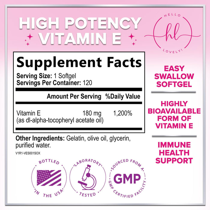 Vitamin E for Women and Men - 180 mg (400 IU) dl-Alpha - Powerful Antioxidant Dietary Supplement - Hair, Skin, & Immune Health Support - Easily Absorbed Form, Non-GMO & Gluten Free - 120 Softgels