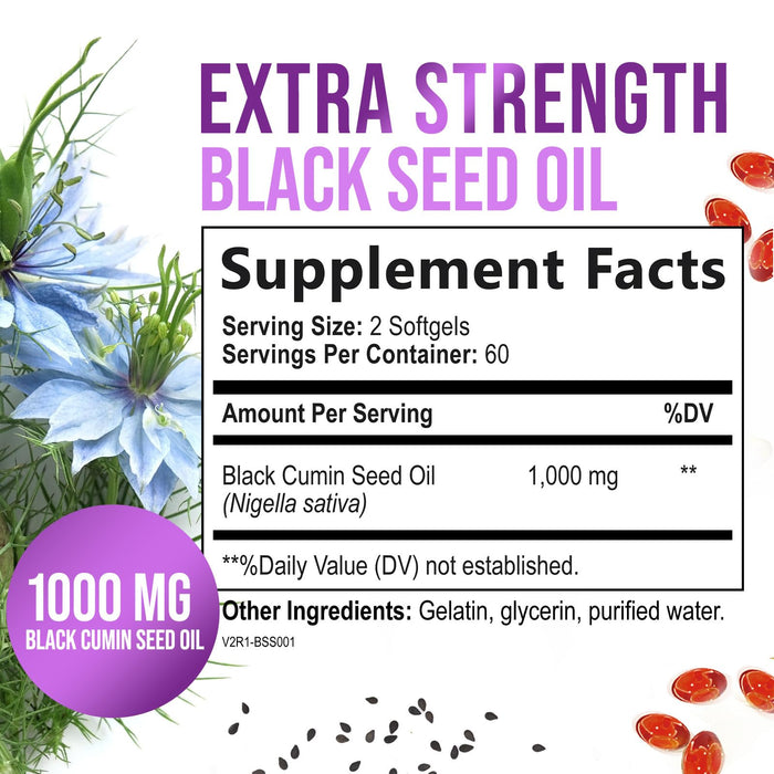 Black Seed Oil Capsules 1000mg with Thymoquinone - Pure Nigella Sativa for Skin Health & Immune Support, 100% Blackseed Oil, Amazing Extraction Above Cold Pressed Black Cumin Seed - 120 Softgels