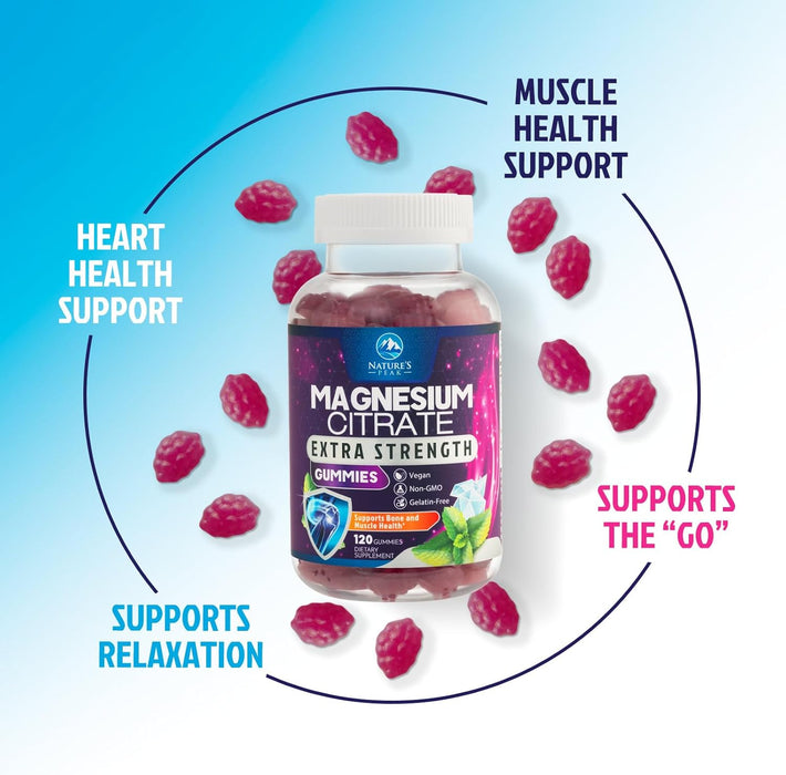 Magnesium Citrate Supplement Gummies - High Absorption Magnesium Gummy for Adults & Kids, Magnesio Citrate Supplements for Bone, Muscle Health, Heart Support, Vegan, Gluten Free, Non-GMO - 120 Gummies