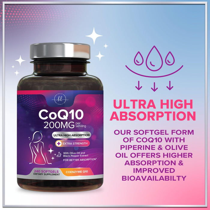 CoQ10 200mg Softgels - Ultra High Absorption, Antioxidant for Heart Health & Energy Production Support - Coenzyme Q10 (Ubiquinone) Co Q 10 Supplement and Vitamins 100mg Each - Non GMO - 240 Softgels