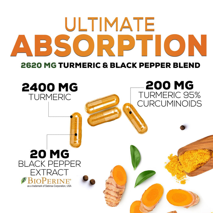 Turmeric Curcumin Supplement with BioPerine 95% Curcuminoids 2600mg with Black Pepper for Best Absorption, Bottled in USA, Best Natural Vegan Joint Support, Nature's Non-GMO Tumeric - 60 Capsules