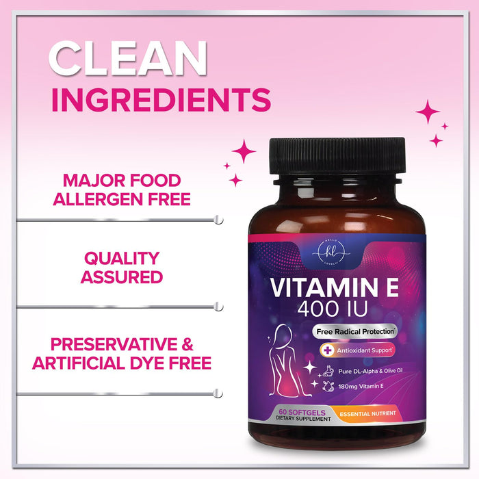 Vitamin E for Women and Men - 180 mg (400 IU) dl-Alpha - Powerful Antioxidant Dietary Supplement - Hair, Skin, & Immune Health Support - Easily Absorbed Form, Non-GMO & Gluten Free - 60 Softgels