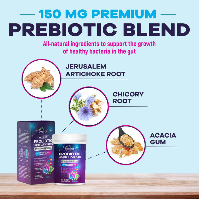 Probiotic Pills 100 Billion CFU Prebiotics, Acidophilus Probiotics Supports Immune System Digestive Health, Supports Occasional Constipation & Bloating, Daily Supplement for Women & Men - 60 Capsules