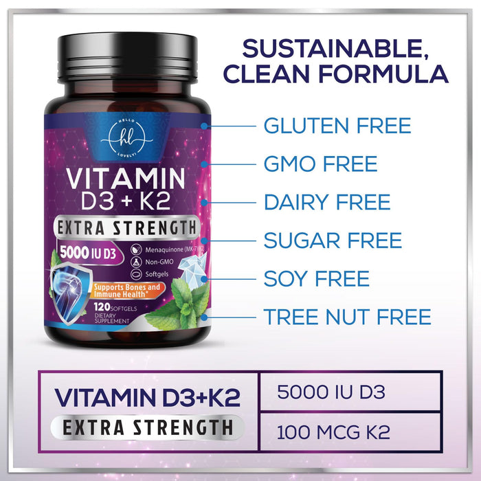Vitamin D3 K2 - Vitamin D3 (5000 iu) & 100 mcg Vitamin K2 (MK-7) Complex for Immune Support & Bone, Teeth & Muscle Health - Easy to Swallow, Gluten Free, Non-GMO, Bottled in USA - 120 Softgels