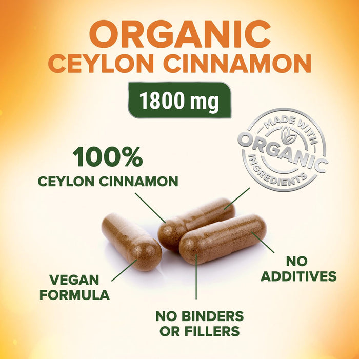 Ceylon Cinnamon Capsules 1800mg - Certified Organic Cinnamon, Bottled in USA, & Pure Extra Strength Ceylon Cinnamon Supplement, Antioxidant Pills, Non-GMO & Gluten Free, Sugar Free - 60 Capsules