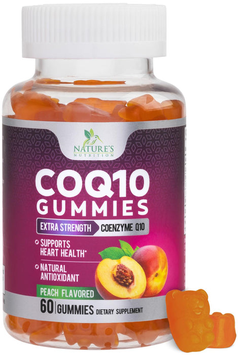 Nature's Nutrition CoQ10 Gummies 100mg – High Absorption Coenzyme Q10 Supplement for Heart Health, Energy & Antioxidant Support – Peach Flavor Gummy, Vegan, Non-GMO, Gluten Free – 60 Count