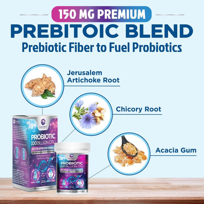 Probiotics 100 Billion CFU Supplement - 16 Strains + Natural Prebiotics - Digestive Health, Gut & Immune Support for Women & Men - Supports Occasional Constipation, Gas & Bloating - 60 Capsules