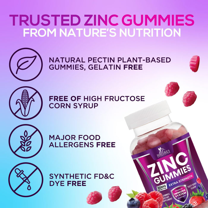 Zinc Gummies 50mg - Bone Skin & Immune Support Health Gummy & Premium Antioxidant Chewable for Adults - High Absorption Vegan, Gluten Free Zinc Supplements Vitamin - Tasty Berry Flavor - 60 Gummies