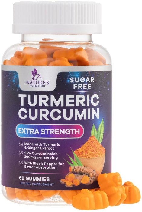 Turmeric Supplement Gummies Sugar Free - Turmeric Curcumin and Ginger Gummies with Black Pepper Extract for High Absorption, Turmeric Curcumin Gummy for Joint Support, Non-GMO, Gluten Free, 60 Count
