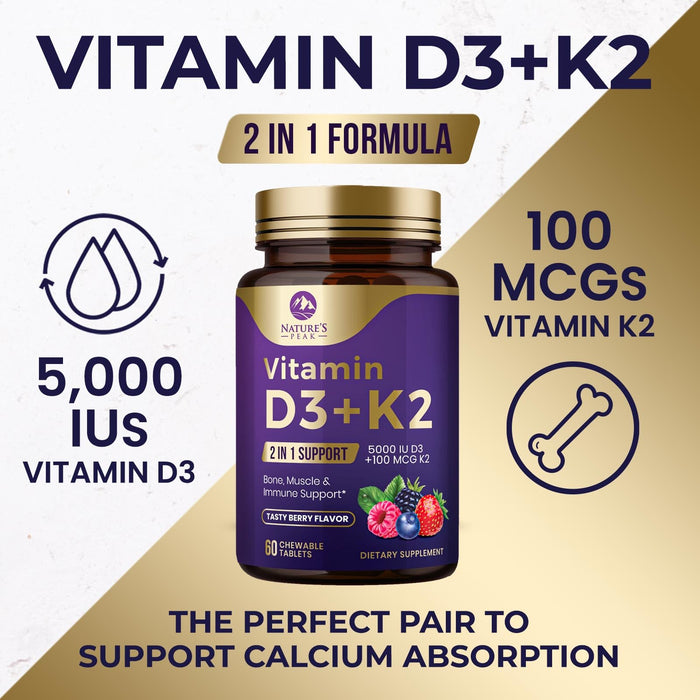 Vitamin D3 K2 - 5000 iu Vitamin D3 & 100 mcg Vitamin K2 (MK-7) Complex for Immune Support - Bone, Teeth & Muscle Health Support - Berry Chewable, Gluten Free, Non-GMO, Made in USA - 60 Tablets