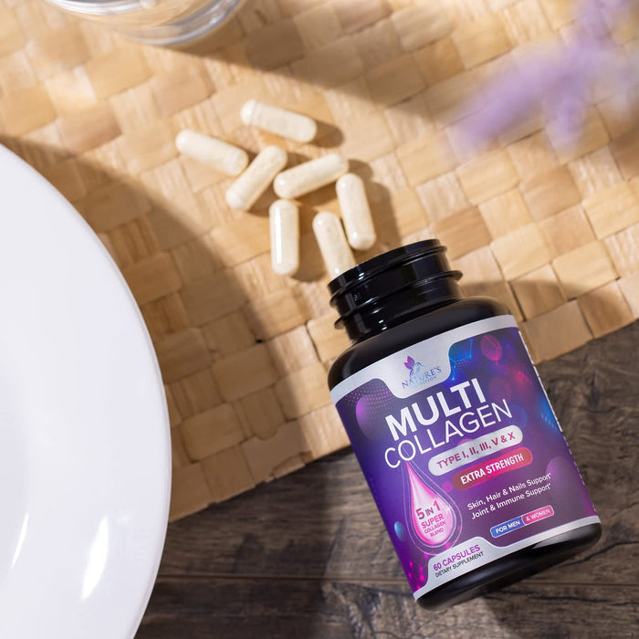Multi Collagen Peptides Supplement - Hydrolyzed Types I, II, III, V & X Multi Collagen Pills, Hydrolyzed Collagen Peptides Supplements, Hair, Skin, Nail, and Joint Support Supplement, 60 Capsules