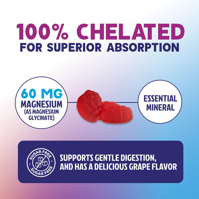 Magnesium Glycinate Gummies | Sugar Free & High Absorption | Chelated to Support Bone, Muscle, Nerves & Heart Health | Sleep & Stress Support Women & Men | Vegan, Gluten Free, Non-GMO | 60 Gummies