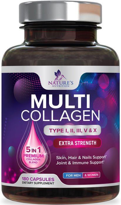 Multi Collagen Peptides Supplement - Hydrolyzed Types I, II, III, V & X Multi Collagen Pills, Hydrolyzed Collagen Peptides Supplements, Hair, Skin, Nail, and Joint Support Supplement, 180 Capsules