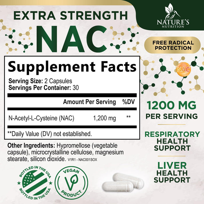 NAC Supplements N-Acetyl L-Cysteine (NAC) 1200 mg - NAC Supplement for Lung Health & Immune Support, Liver Support & Antioxidants, Freefrom N-Acetylcysteine, Gluten Free, Non-GMO, 60 Veggie Capsules