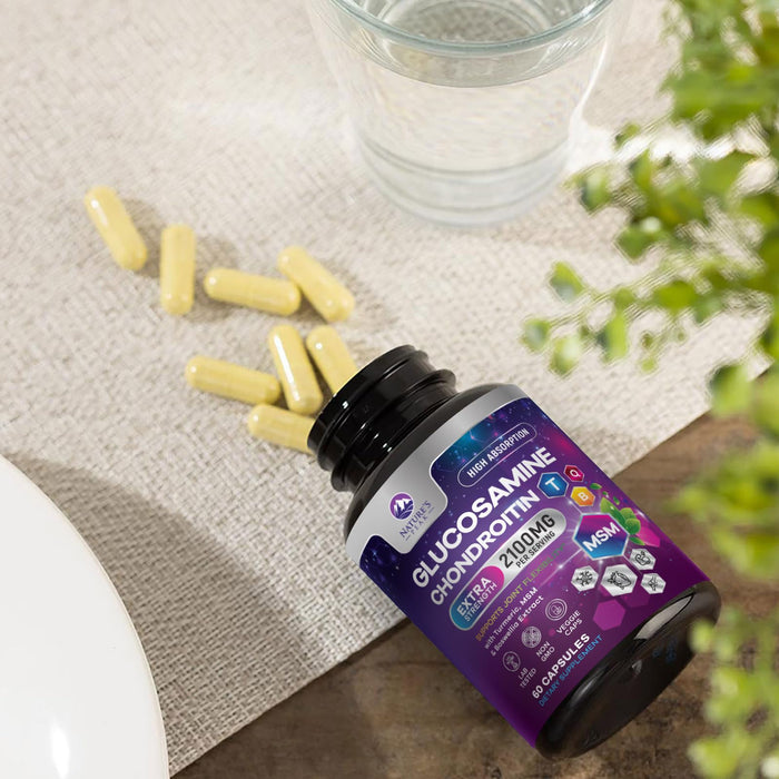 Glucosamine Chondroitin MSM Joint Supplement 2100mg - with Glucosamine Sulfate, Turmeric, Boswellia, Quercetin & Bromelain – Nature's Extra Strength Flexibility, Mobility & Joint Support, 60 Capsules