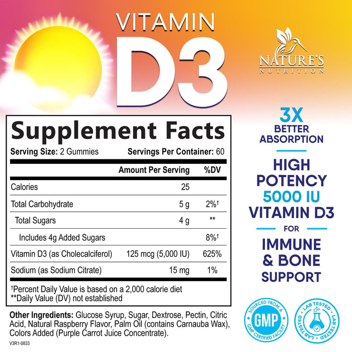 Vitamin D3 Supplement Gummy 5000 IU (125 mcg) Dietary Vitamins D for Men & Women - Bone, Teeth, Muscle & Immune Health Support, High Potency VIT D3 Nature's Non-GMO & Gluten Free - 120 Gummies