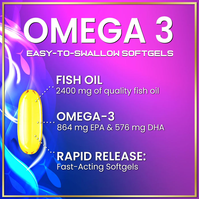 Omega 3 Fish Oil Supplements 2400mg - Triple Strength Omega 3 Fatty Acids, Natural Heart Health Brain & Joint Support - Fatty Acids with EPA & DHA - Wild Caught Fish Oil Supplement - 120 Softgels