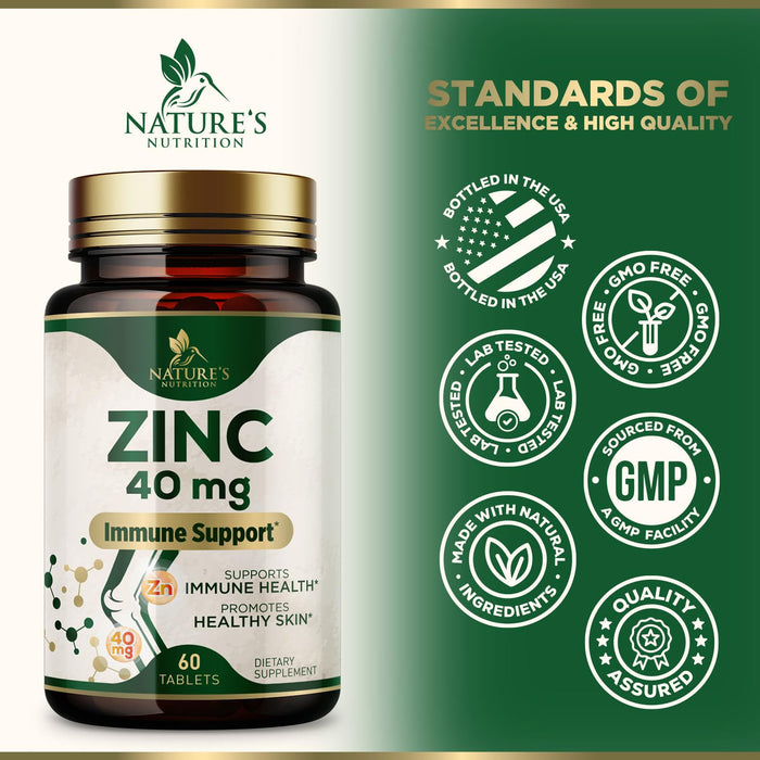 Zinc 40mg Supplements for Women and Men, Supplement for Immune Health Support, Skin Health Support, & Antioxidant Supplement for Adults with Zinc Gluconate 40 mg, High Potency, Non-GMO - 60 Tablets