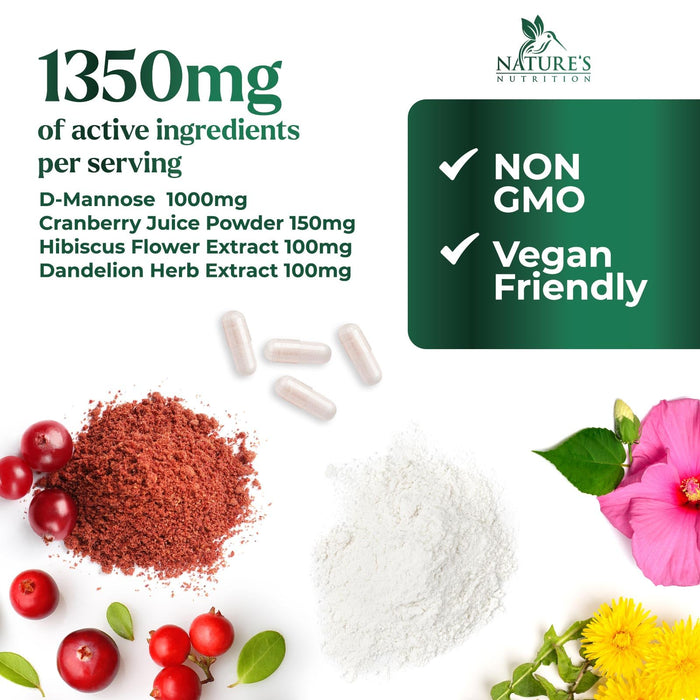 D-Mannose Supplement 1,350 mg with Cranberry & Hibiscus - Effective Fast-Acting, Flush the Impurities for Natural Bladder, Urinary Tract Health Support, for Women and Men, Non-GMO, Vegan, 120 Capsules