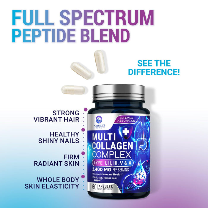 Multi Collagen Peptides Supplement for Hair, Nail, Skin - Type I, II, III, V, X, Collagen Powder Pills - Grass-Fed, Hydrolyzed for Bone and Joint Support for Women & Men, Non-GMO - 60 Capsules