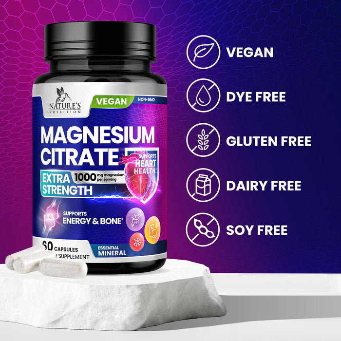 Magnesium Citrate Supplement 1000 mg for Best Absorption, Supports Bone, Heart Health, Nerves, Muscles, Metabolism & Calm, Nature's Pure Magnesio Vitamin Pills, Bottled in USA - 60 Capsules