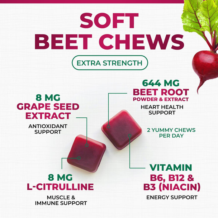 Heart Chews - Nitric Oxide & Energy Support with Beet Root Extract & Grape Seed Extract - Natural Non-GMO Beetroot Powder Antioxidant Soft Berry Flavor Chewable Supplement for Women & Men - 60 Count