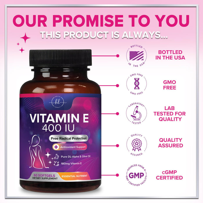 Vitamin E for Women and Men - 180 mg (400 IU) dl-Alpha - Powerful Antioxidant Dietary Supplement - Hair, Skin, & Immune Health Support - Easily Absorbed Form, Non-GMO & Gluten Free - 60 Softgels