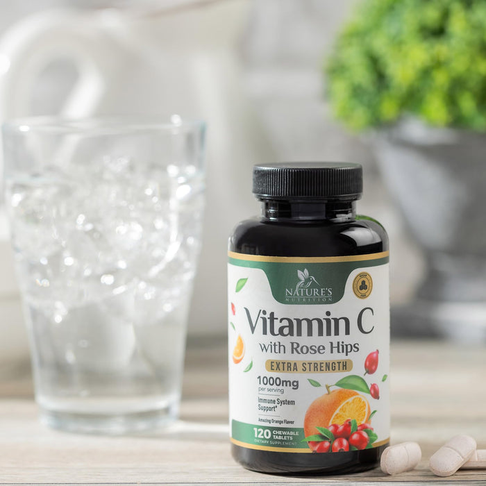 Vitamin C Chewable 1000mg - Extra Strength Antioxidants for Powerful Immune Support w/Vitamin C & Rose HIPS - Potent Dietary VIT C Chews Supplement, Natural, Vegan, Gluten-Free, Non-GMO - 120 Tablets