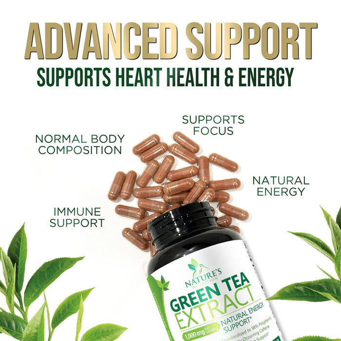 Green Tea Extract Capsules 1000mg 98% Standardized EGCG - 3X Strength for Natural Energy - Heart Support with Polyphenols - Gentle Caffeine - 240 Capsules