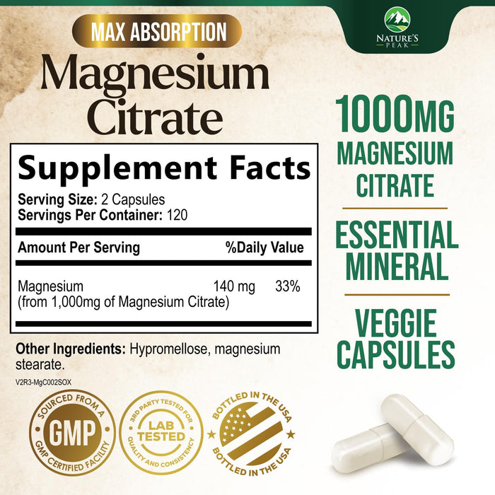 Magnesium Citrate 1000mg - High Absorption Magnesium Supplement Supports Muscle, Bone, Nerve & Heart Health - Extra Strength Magnesio Complex Pills - Non-GMO, Premium Energy Formula - 240 Capsules