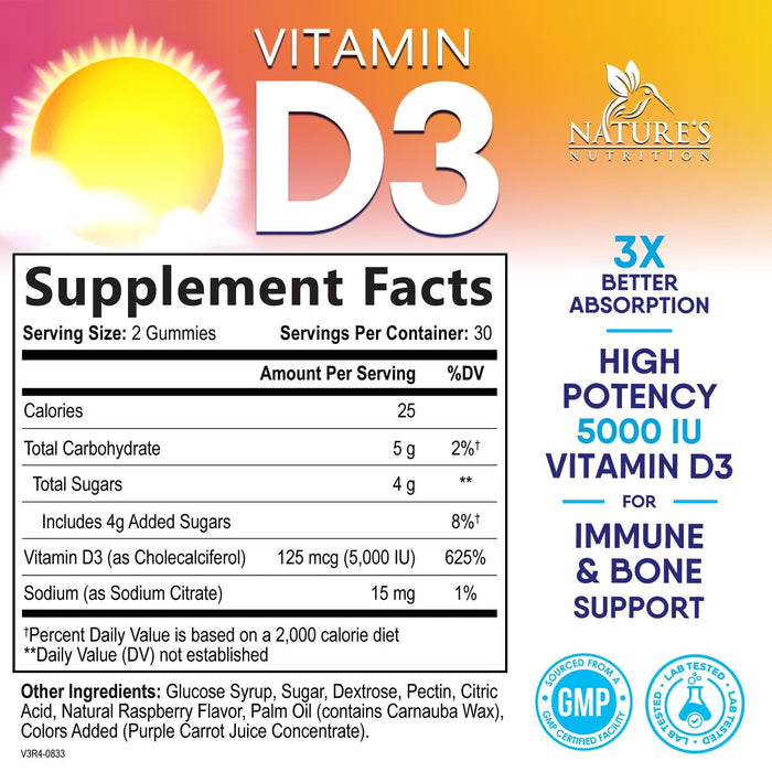 Vitamin D3 Supplement Gummy 5000 IU (125 mcg) Dietary Vitamins D for Men & Women - Bone, Teeth, Muscle & Immune Health Support, High Potency VIT D3 Nature's Non-GMO & Gluten Free - 60 Gummies