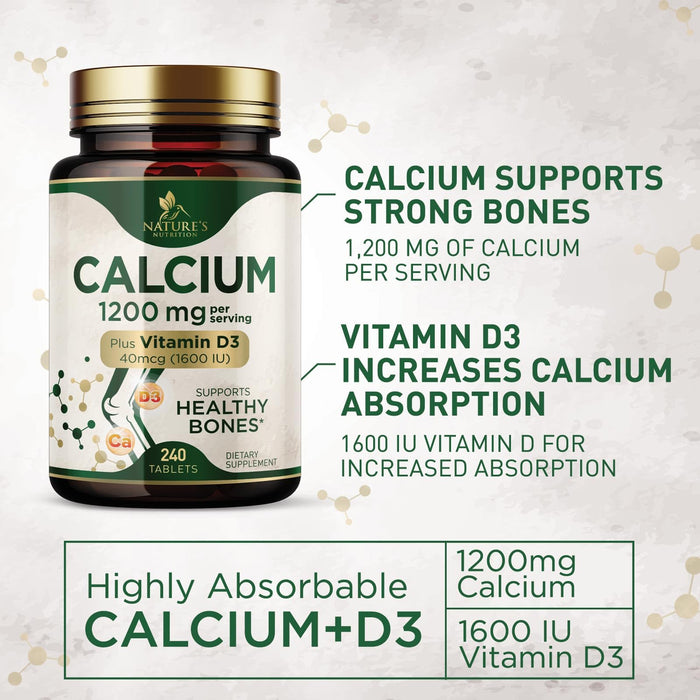 Calcium 1200 mg with Vitamin D3, Calcium Supplement Vitamins, Supports Bone Strength, Teeth & Immune System, Calcium Supplements for Women & Men, Nature's Absorbable Calcium Carbonate - 240 Tablets