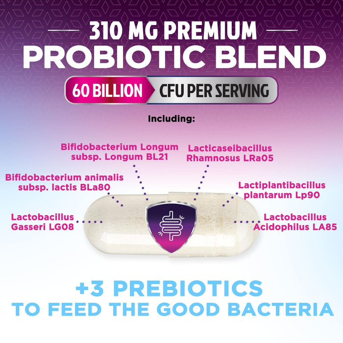 Probiotics 60 Billion CFU per Serving - 10 Strains + Prebiotics - Digestive Health, Gut & Immune Support - Supports Occasional Constipation, Gas & Bloating for Women & Men Shelf Stable - 60 Capsules