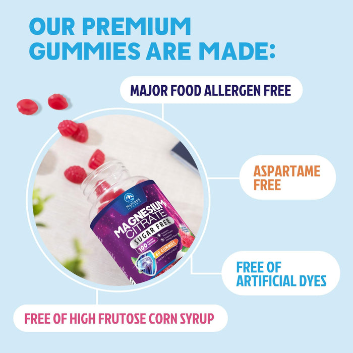 Magnesium Citrate Supplement Gummies Sugar-Free, High Absorption Magnesium Gummy Supplements for Women & Men, Supports Sleep, Heart Health, Bones and Muscles, for Relaxation & Digestion - 60 Gummies