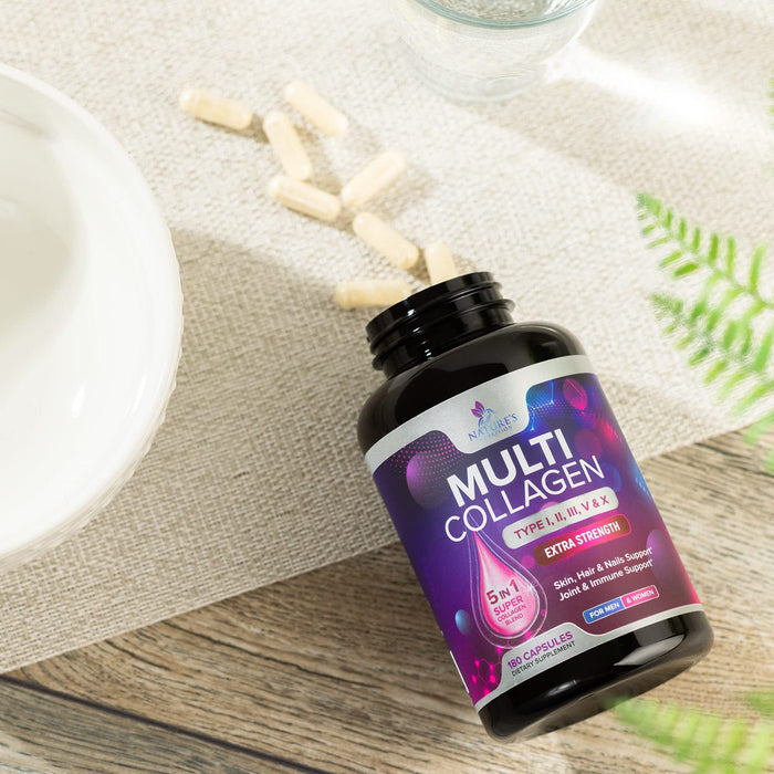 Multi Collagen Peptides Supplement - Hydrolyzed Types I, II, III, V & X Multi Collagen Pills, Hydrolyzed Collagen Peptides Supplements, Hair, Skin, Nail, and Joint Support Supplement, 180 Capsules