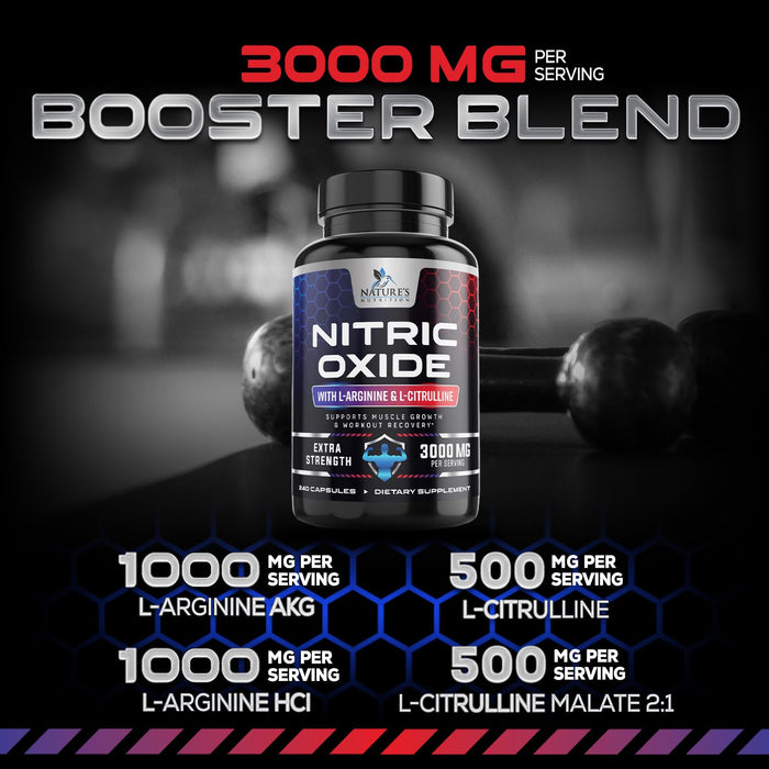 Nitric Oxide Formula with L-Arginine + Citrulline – 3000mg – 240 Capsules