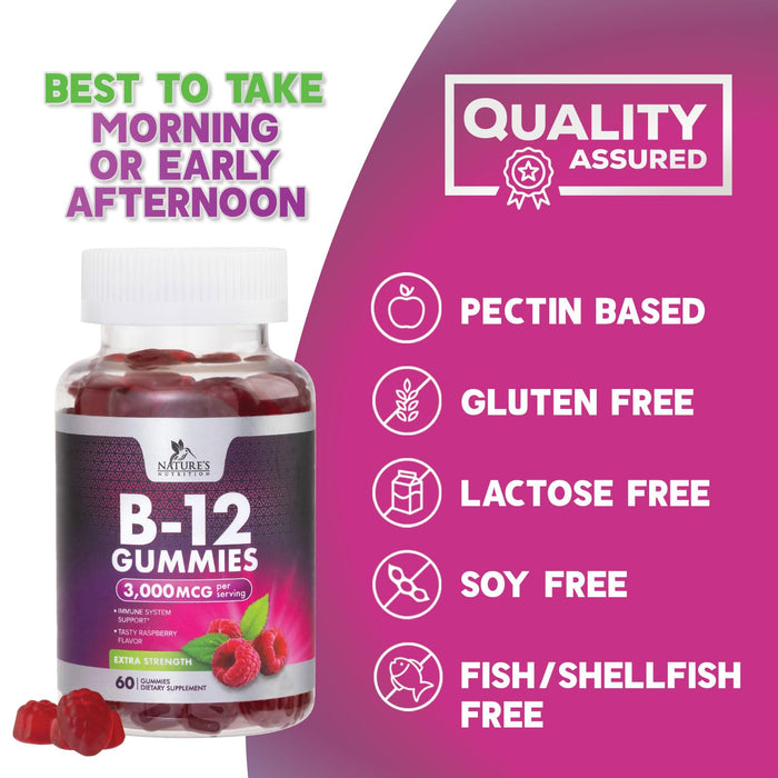 B12 Gummies for Adults, Extra Strength Energy 3000 mcg - B-12 Energy Metabolism & Immune System Support - Chewable Dietary Supplement for Adults & Kids Caffeine Free Gummy Vitamin - 60 Gummies