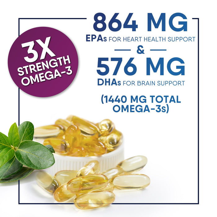 Omega 3 Fish Oil 2400 mg - Triple Strength Omega3, EPA & DHA Fatty Acids Supplement - Natural Support for Immune, Heart & Brain Health - Wild Caught, Non-GMO, Lemon Flavor, Burpless - 120 Softgels