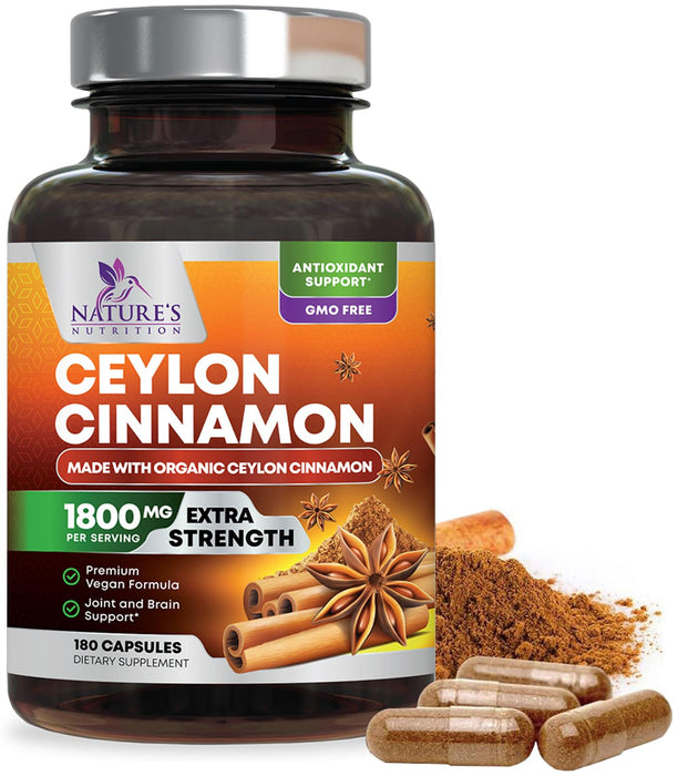 Organic Ceylon Cinnamon Supplement 1800mg - Certified Organic Ceylon Cinnamon Powder Pills - Energy & Heart Support for Women & Men, Bottled in USA, Antioxidant, Gluten Free, Non-GMO - 180 Capsules