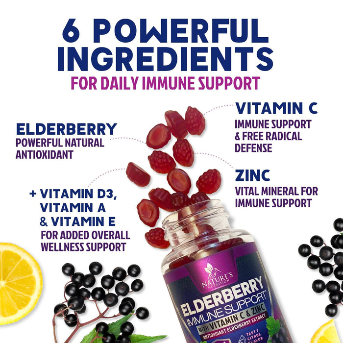 Immune Support Gummies - Sambucus Elderberry Gummy with Elder Berry Extract, Zinc & Vitamin C, Natural Vegan Immune Support Supplement for Adults & Children, Gummy Elderberry Vitamins - 120 Gummies