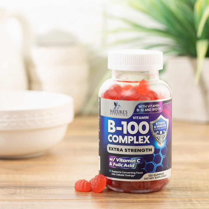 B Complex Supplement Gummies with Vitamin C & Folic Acid, Extra Strength Super Vitamin B Gummy with Niacin, B6, Folic Acid, B12, Biotin, Nature's Energy Immune Support Supplements - 120 Gummies