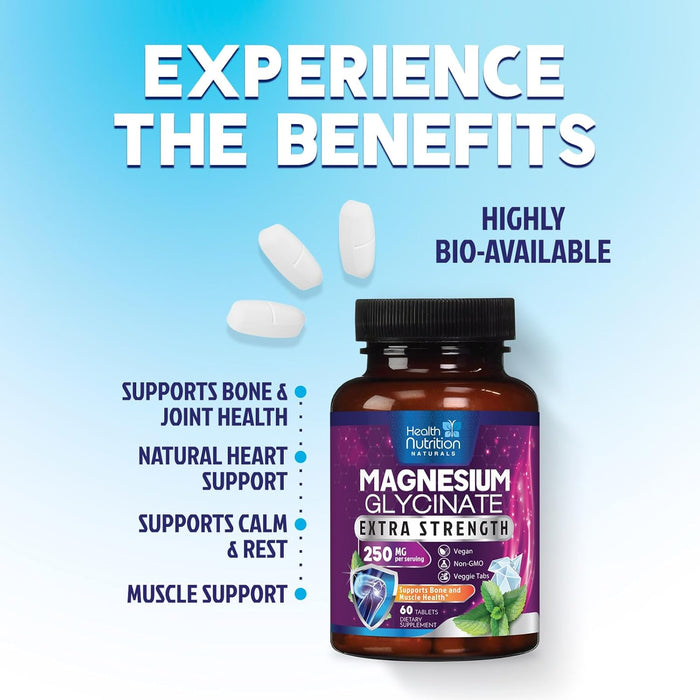 Magnesium Glycinate 250mg - 100% Chelated Magnesium for Max Absorption - Sleep Support, Muscle, Nerves, Bone & Heart Health Support, Best Mag Supplement, Vegan Non-GMO, 3rd Party Tested - 60 Tablets