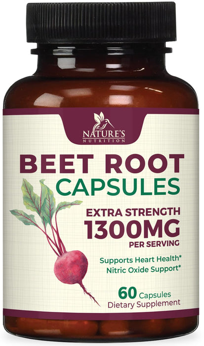 Beet Root Capsules 1300mg - Extra Strength Red Beetroot Powder Supplement – Supports Nitric Oxide Production, Heart Health & Natural Energy – Non-GMO, Vegan, Gluten Free – 60 Veggie Capsules