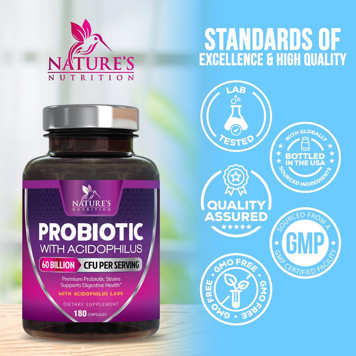Probiotics 60 Billion CFU per Serving - 10 Strains + Prebiotics - Digestive Health, Gut & Immune Support - Supports Occasional Constipation, Gas & Bloating for Women & Men Shelf Stable - 180 Capsules