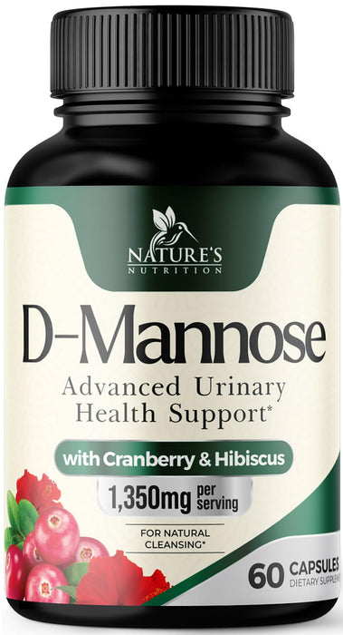 D-Mannose Supplement 1,350 mg with Cranberry & Hibiscus - Effective Fast-Acting, Flush The Impurities for Natural Bladder, Urinary Tract Health Support, for Women and Men, Non-GMO, Vegan, 60 Capsules