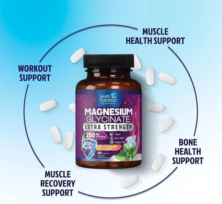 Magnesium Glycinate 250mg - 100% Chelated Magnesium for Max Absorption - Sleep Support, Muscle, Nerves, Bone & Heart Health Support, Best Mag Supplement, Vegan Non-GMO, 3rd Party Tested - 60 Tablets