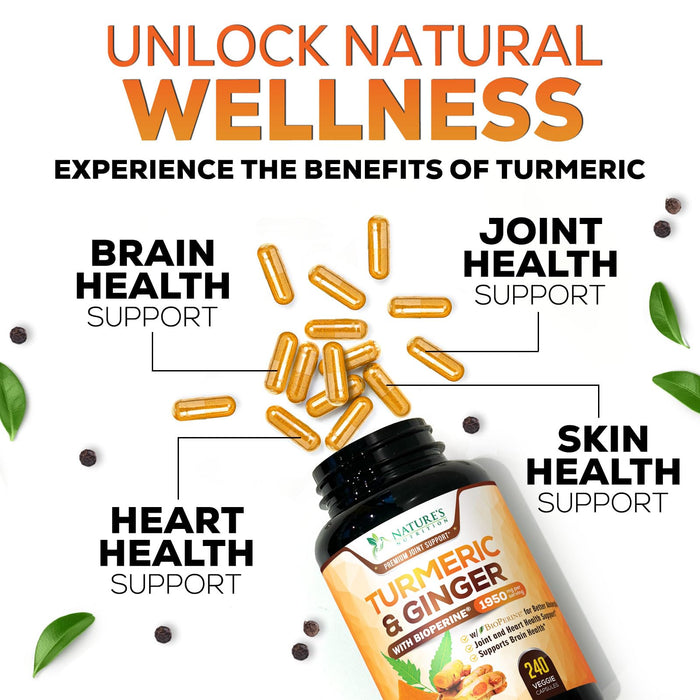 Turmeric Curcumin Supplement 1950mg - 95% Curcuminoids with Organic Turmeric & Ginger, BioPerine Black Pepper for Best Absorption, Nature's Vegan Joint Support, Non-GMO, Bottled in USA - 240 Capsules