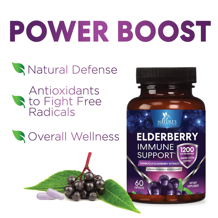 Elderberry Immune Support 1200mg Extract Capsules - Daily Immune Support for Adults with Concentrated Sambucus Black Elderberry Antioxidant - Gluten Free Vitamin, Non-GMO Supplement - 60 Capsules