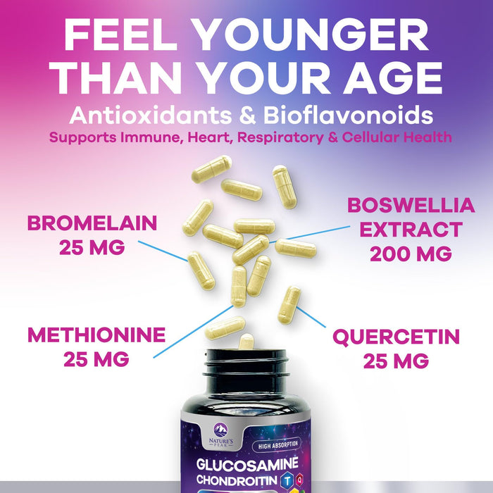 Glucosamine Chondroitin MSM Joint Supplement 2100mg - with Glucosamine Sulfate, Turmeric, Boswellia, Quercetin & Bromelain – Nature's Extra Strength Flexibility, Mobility & Joint Support, 60 Capsules